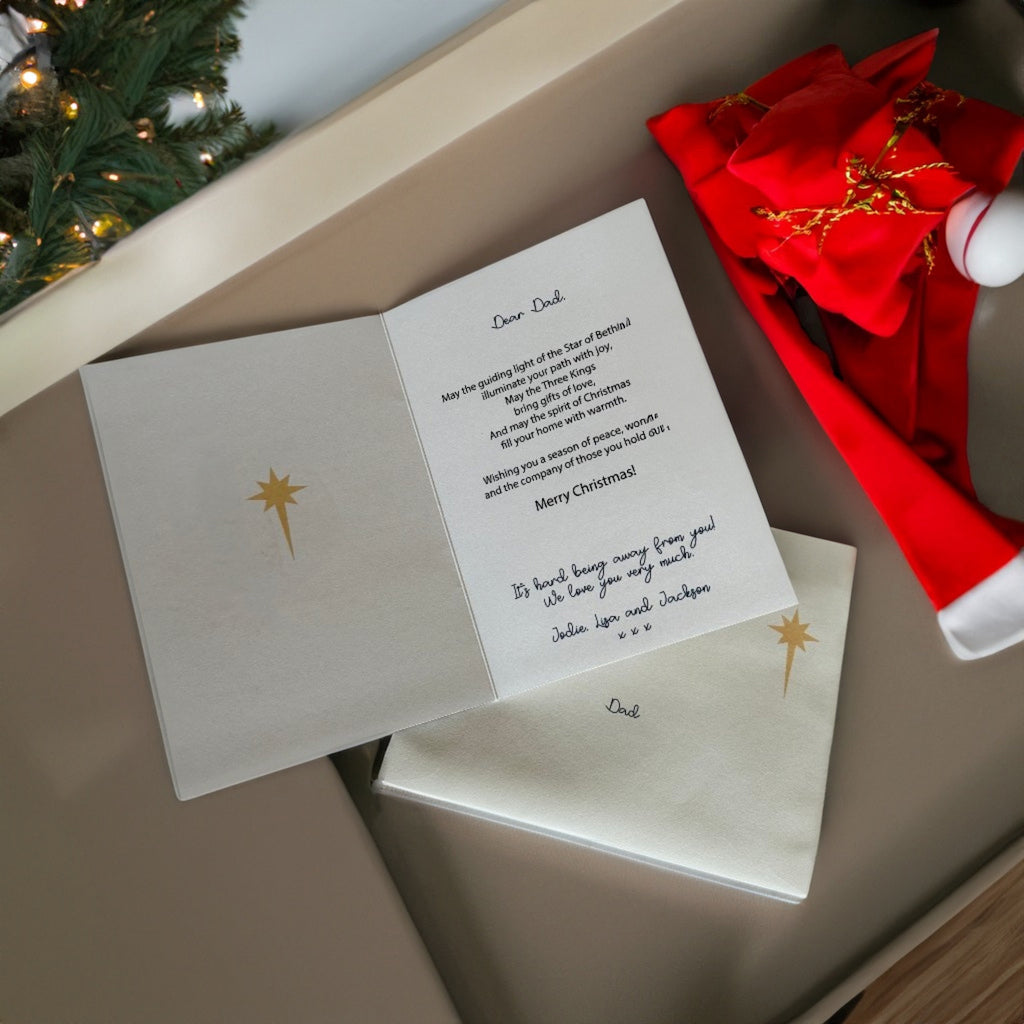 open 3 kings greeting card showing message and verse