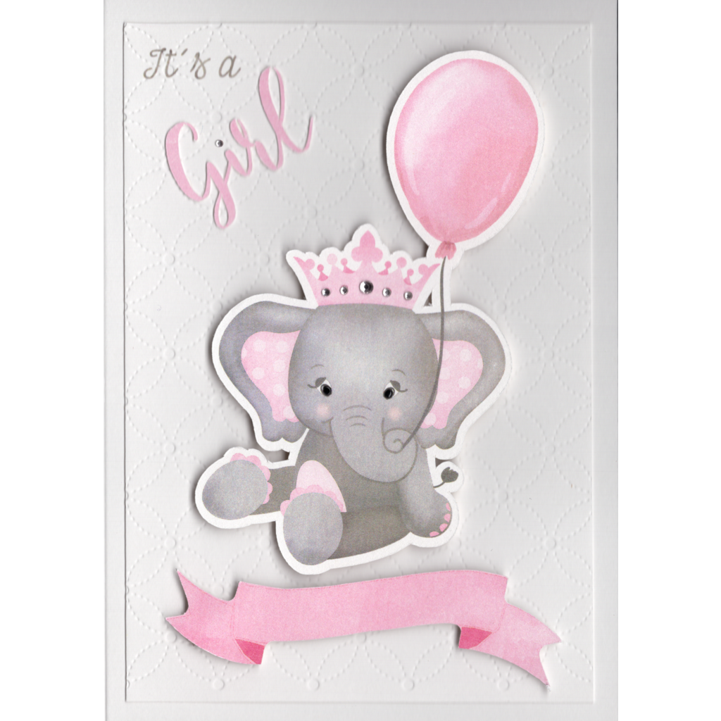 A cute little elephant with pink polka dot ears, holding a pink balloon in her trunk. Text can be entered into the balloon such as age or short message. Wearing a pink crown embellished with crystals she sits raised on a delicately debossed geometric daisy panel. There is a pink banner below her feet where a name or age can be entered. Text on the page states "It&