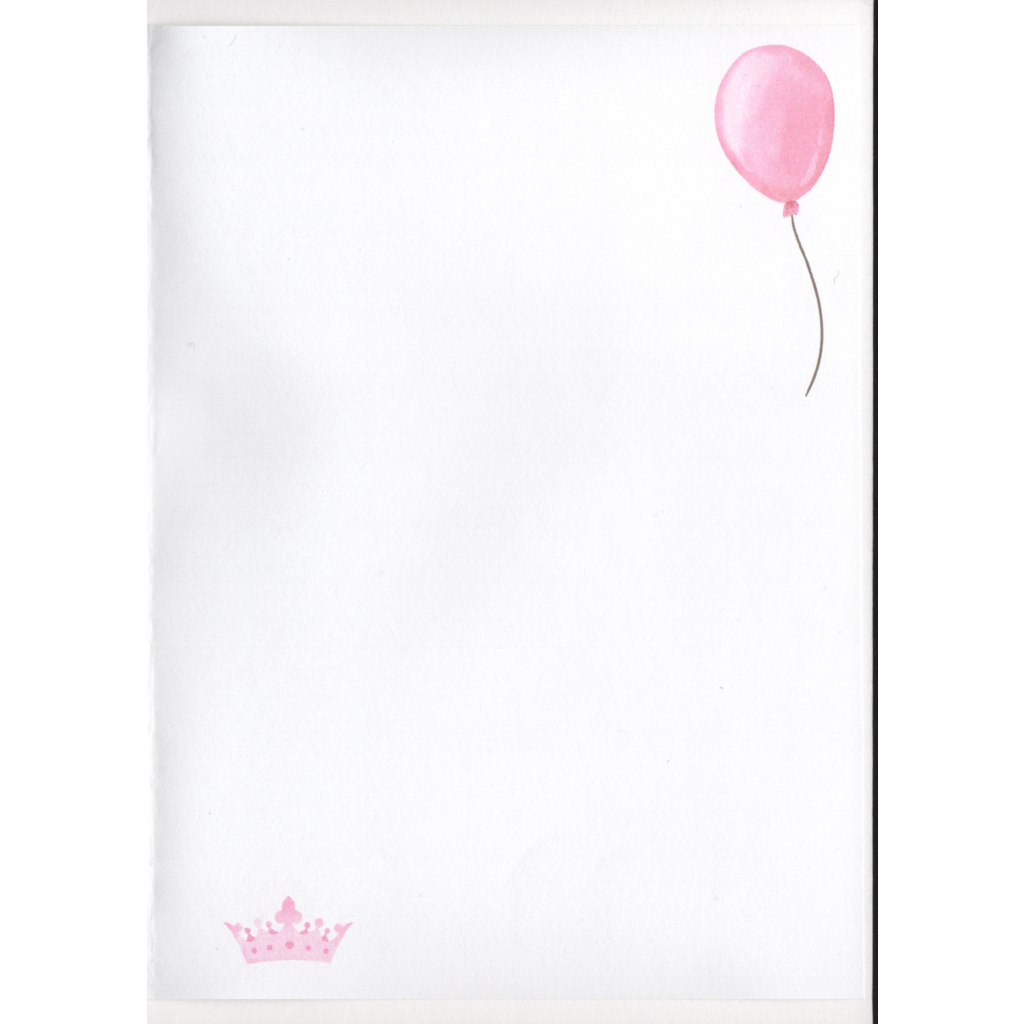 White page with small pink crown in bottom left hand corner. The top right hand corner has a pale pink balloon. Page is blank for you to write your special message.