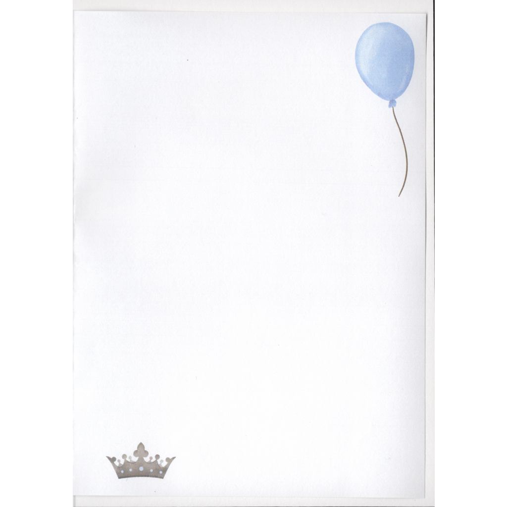 Image of an empty page for you to write your personal message. In the top right hand corner there is a pale blue balloon. In the bottom left hand corner is a grey crown.