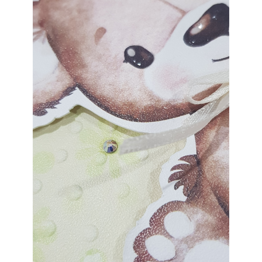 This is a close up image showing the baby bear glossy eye and shiny nose. Also shows lovely stippling of the card used.