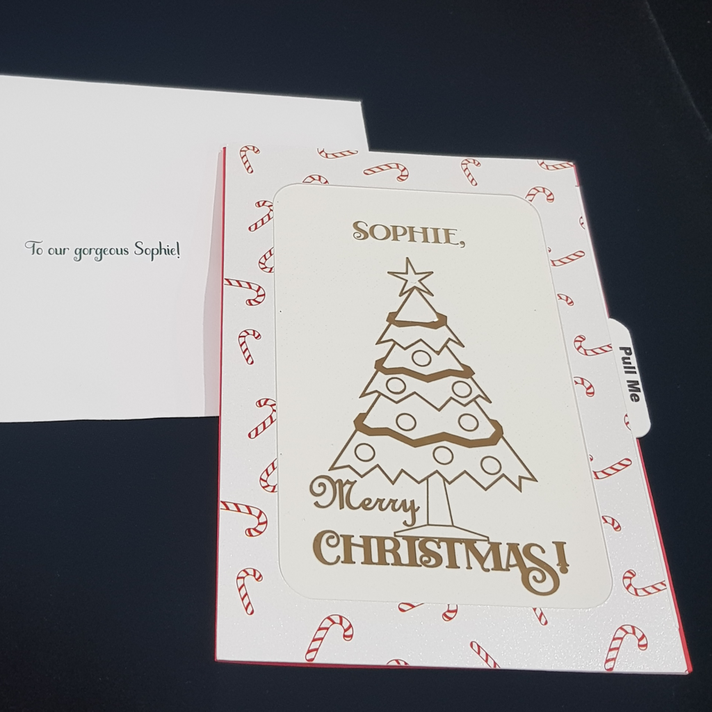 Merry Christmas Card with Gold Tree and Red and White candy canes. Slider card.