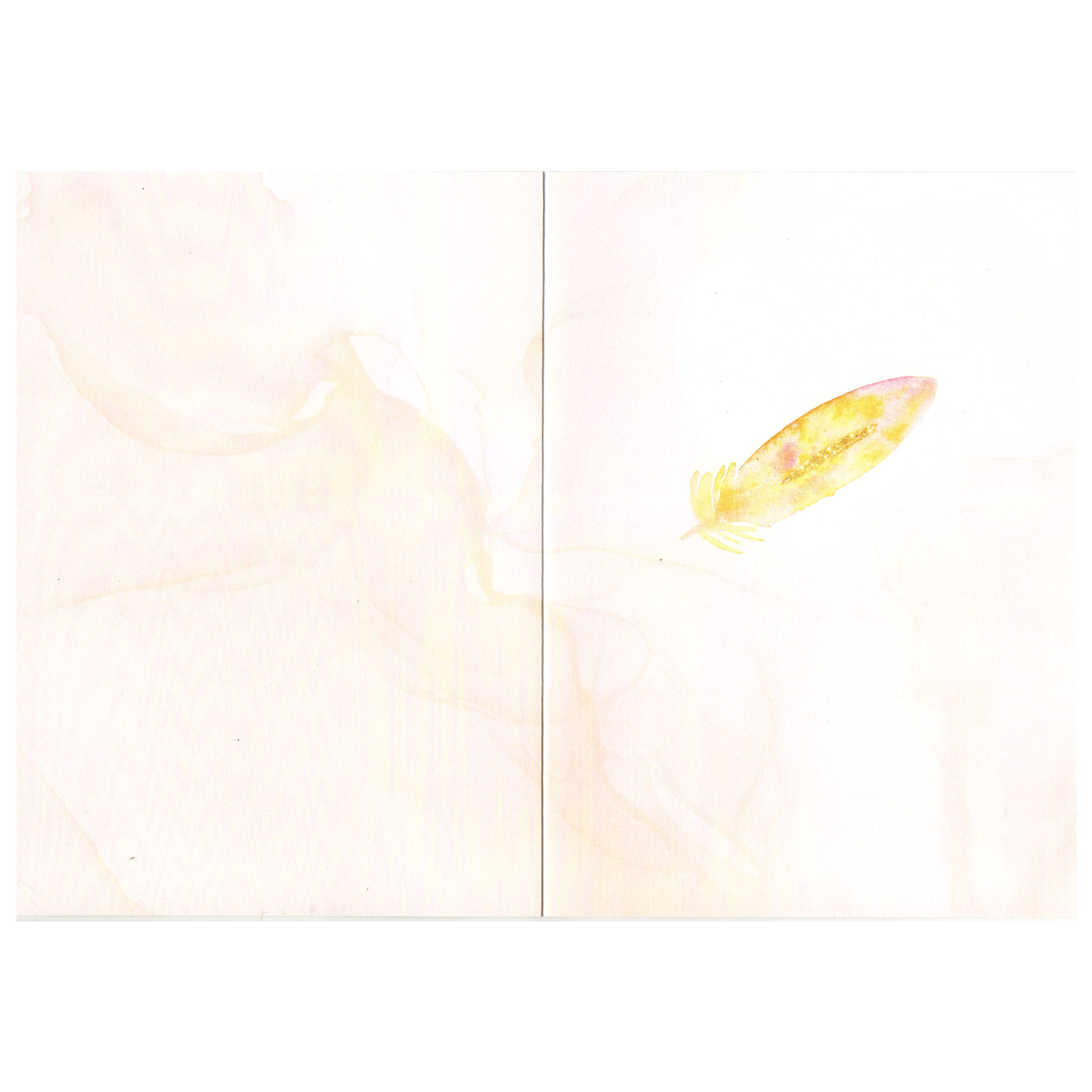 inside right of card featuring pale peach water marble pattern and a beautfiul gold and pink feather