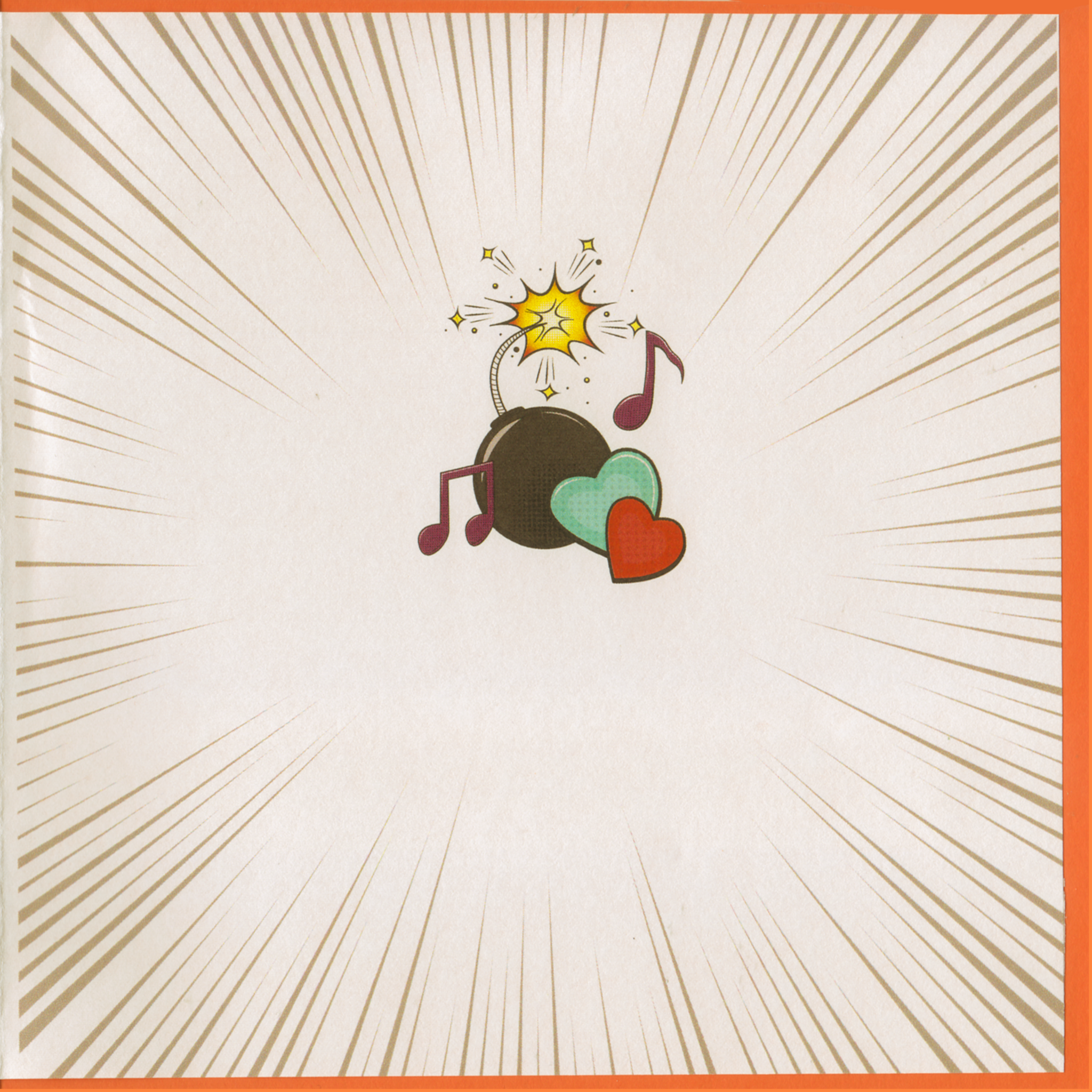 The inside of the card features a white insert with a box of shocklines on the right hand side, and an image composed of cartoon style images - a bomb, music notes and hearts. It is otherwise blank
