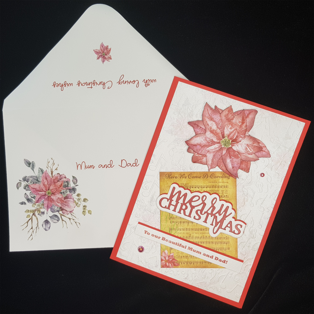 Embossed Scattered Music Notes Pointsettia Christmas Card 001