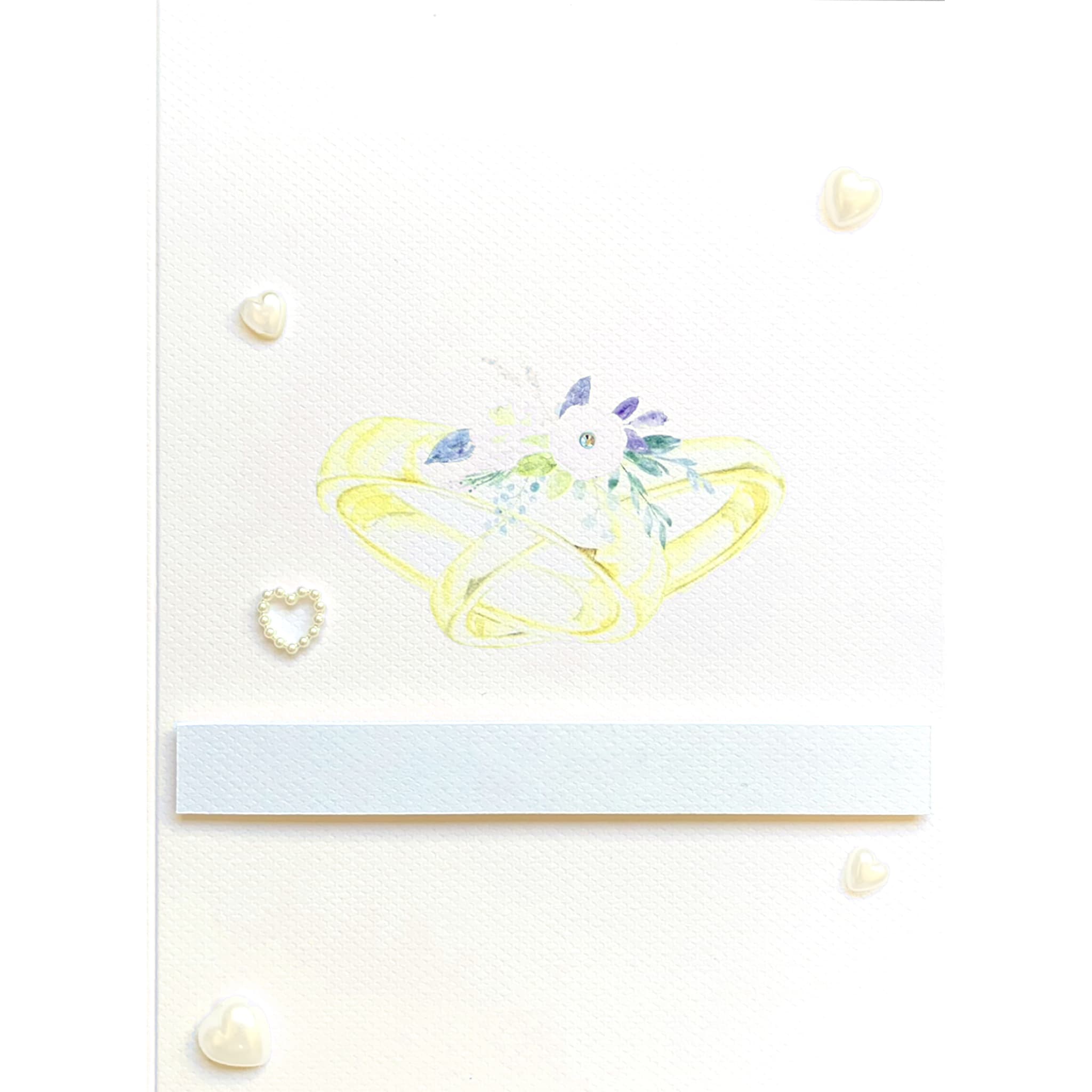 Personalised Wedding Card with Watercolour Wedding Rings and Pearl Hearts