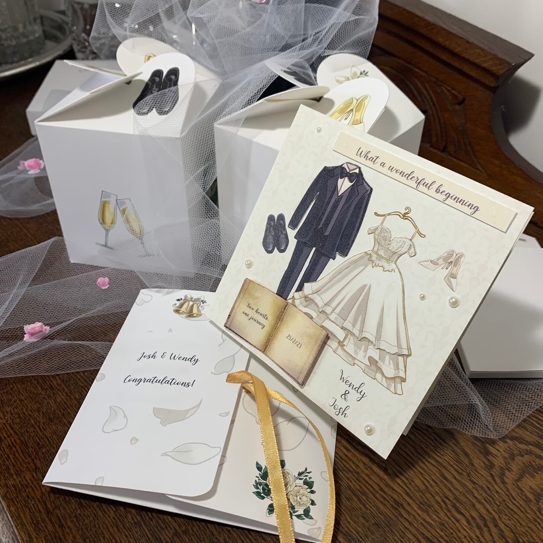 handmade wedding card with pearls and folder, matching candle set for straight,gay,queer