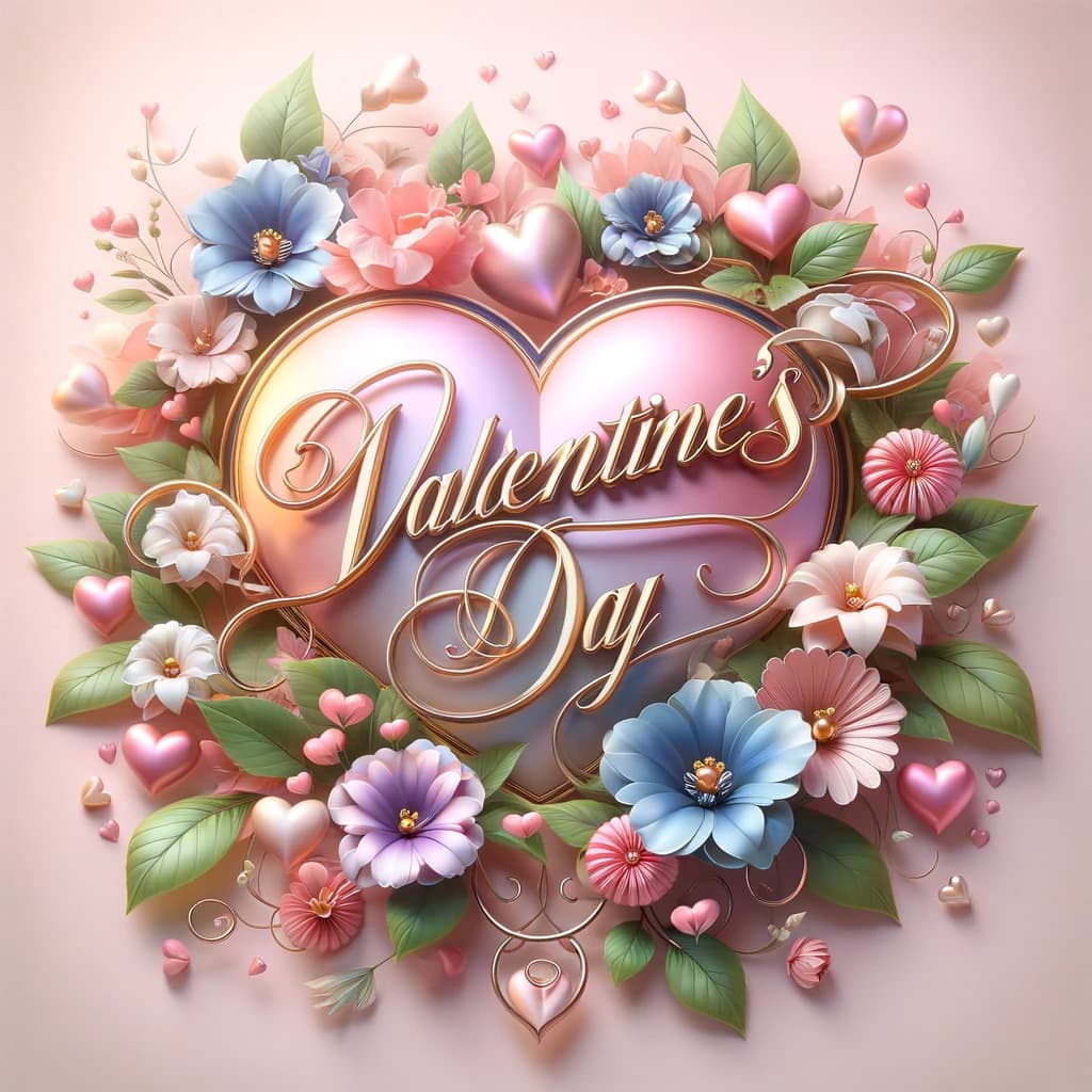 illustrated 3d heart and flowers with the words valentines day in the centre