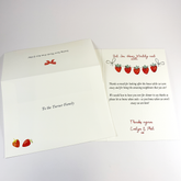 This image shows the envelope front with the part of the back you seal. The front has the recipients name and two red straberries in bottom left corner. On the back is a red bow and a short message from sender/giver. It also shows strawberry notepaper with a lovely thank you written on it.