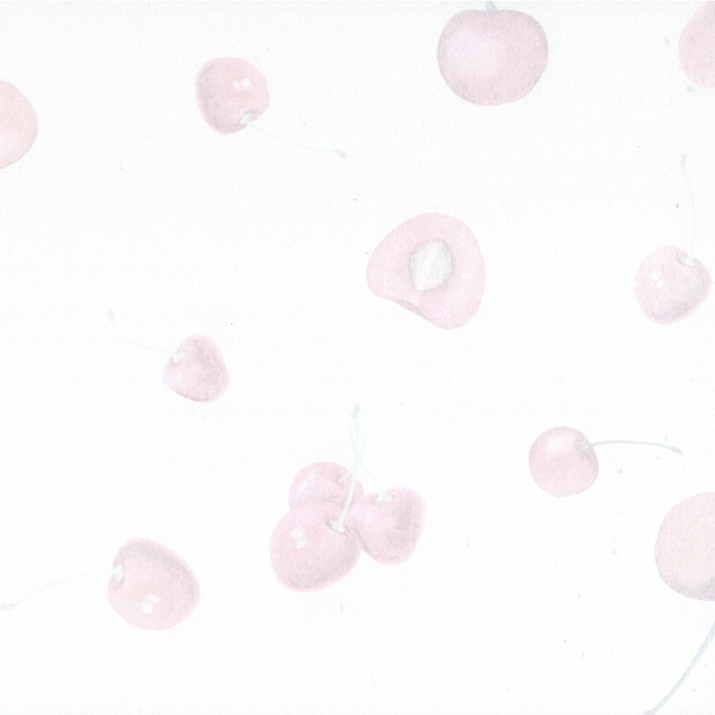 pale scattered cherries, in three, and singular - various sizes and some images showing the inside of the cherry and the cherry seed