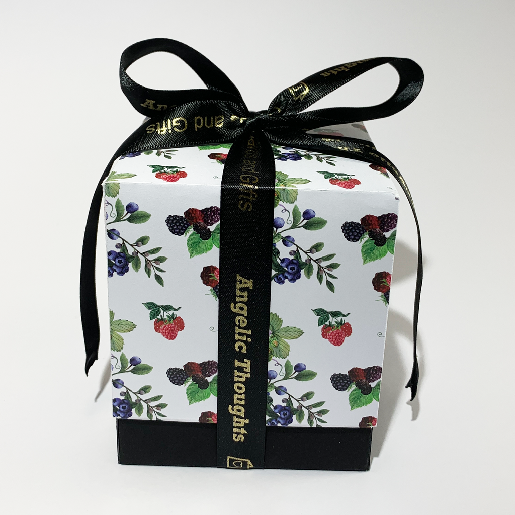 Product box for Berry Delightful Soy Wax Candle featuring black base and the lid showing illustrations of blueberries, blackberries, raspberries&