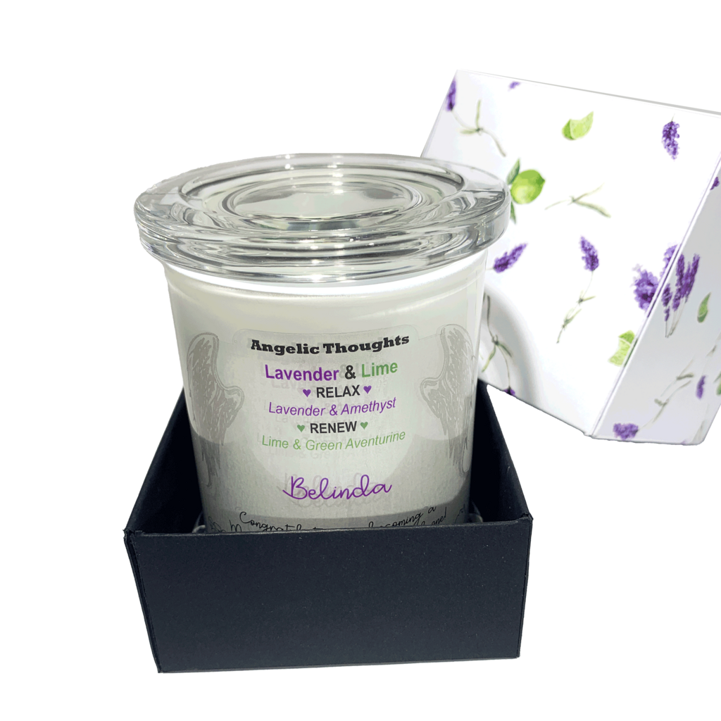 front on view of Lavender and Lime candle in white simplicity glass container with clear lid with personalised label sitting in black product box base with printed lid sitting beside