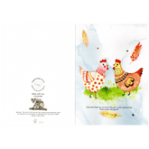 front and back of Luvvy chicks greeting card featuring 2 hens facing each other and feathers falling in the air