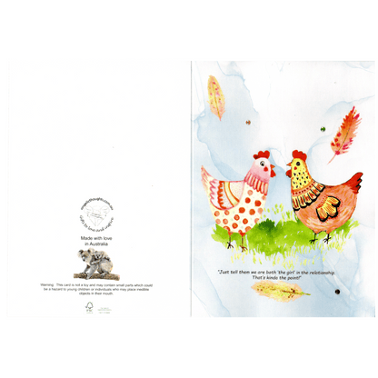 front and back of Luvvy chicks greeting card featuring 2 hens facing each other and feathers falling in the air