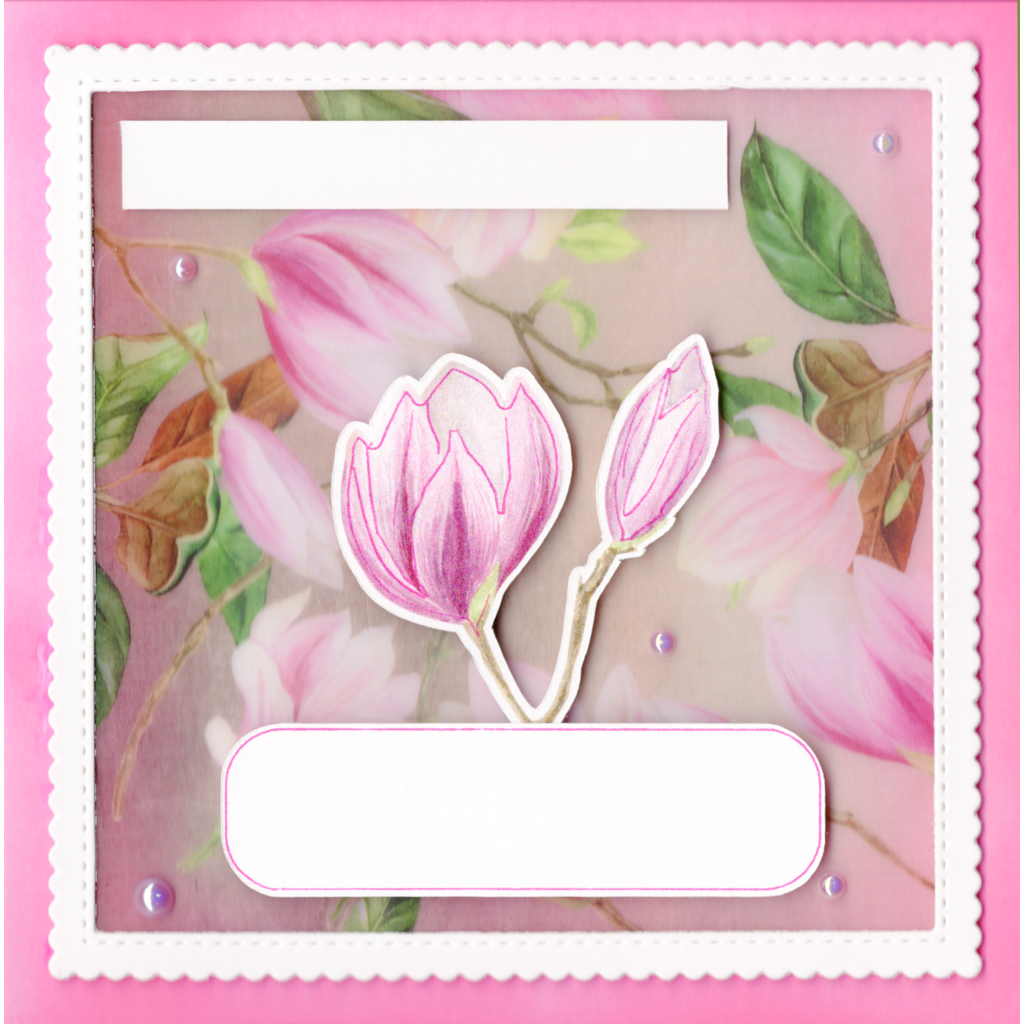 handmade personalised card with magnolias and pearls on vellum frame