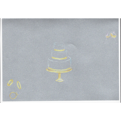 inside of card featuring silver paper with wedding cake, rings and glasses - personalise message, names