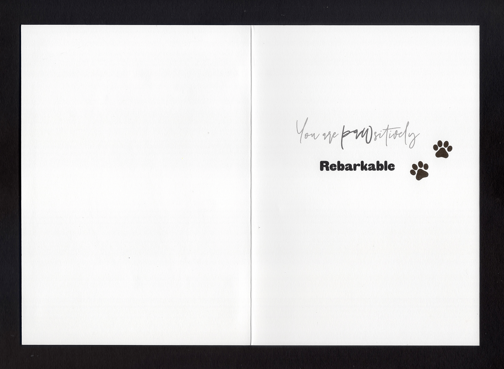 An open card with the words &quot;You are pawsitively rebarkable&quot; and two paw prints 