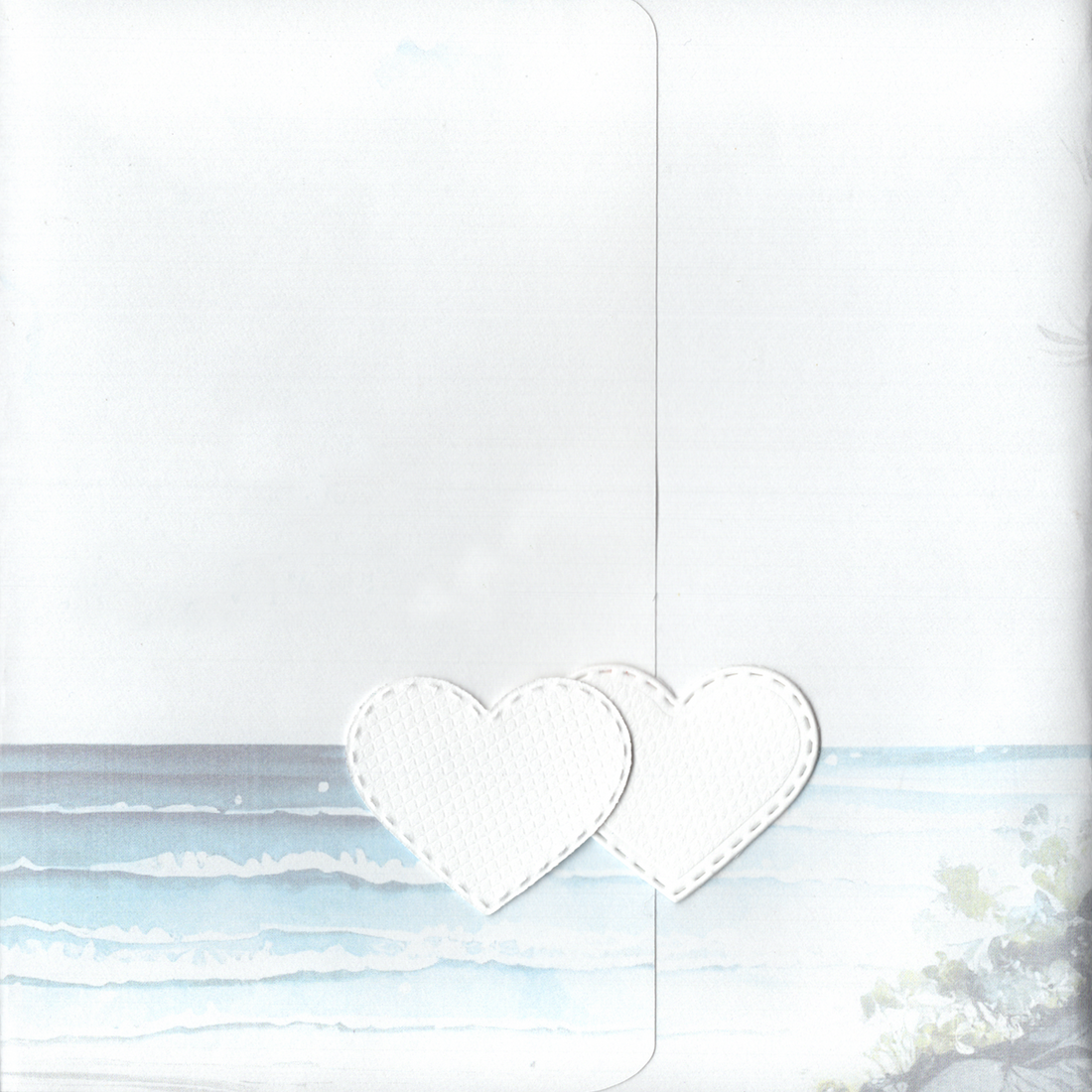 closed folder with two hearts forming the closure - featuring waves blank spot for name and choice of 4 messages (annversary, birthday, congratulations, valentines or write your own)