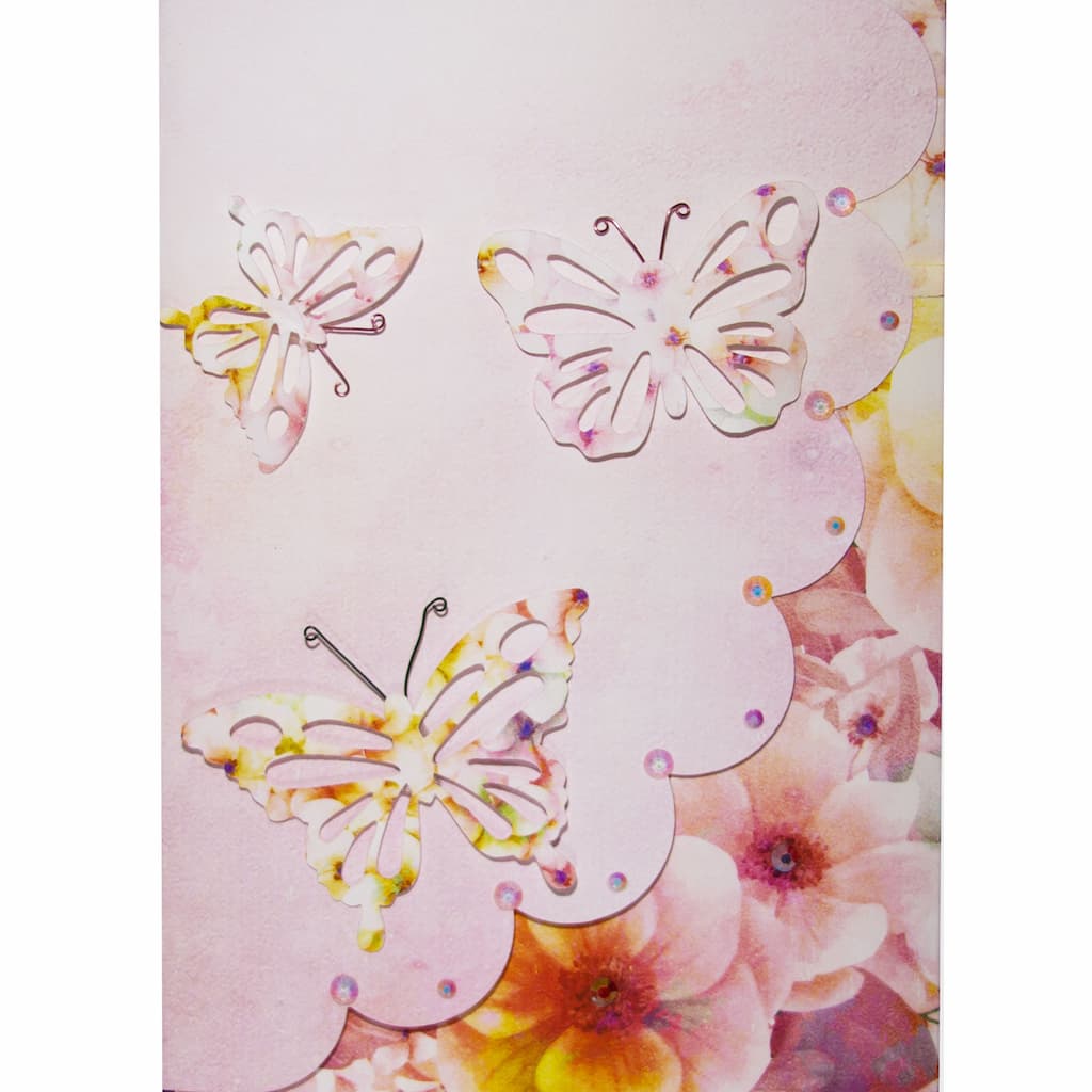 blank personalised trifold birthday, anniversary, mothers day, or thinking of you card with three cut out butterflies on a floral background with jewels