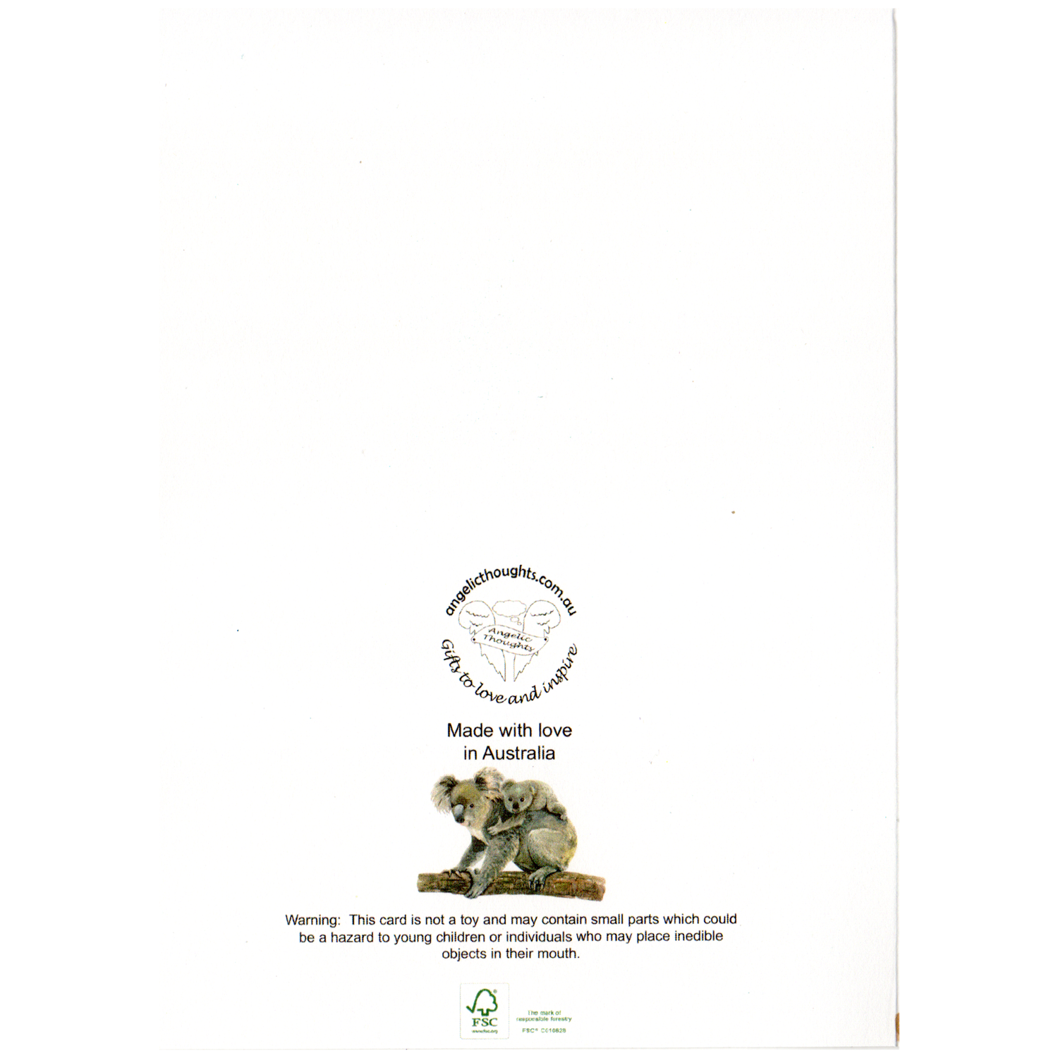   The Angelic Thoughts Company logo, the words &quot;Made with love in Australia&quot; and a choking warning are on the left hand side along with the Responsible Forestry Logo. 