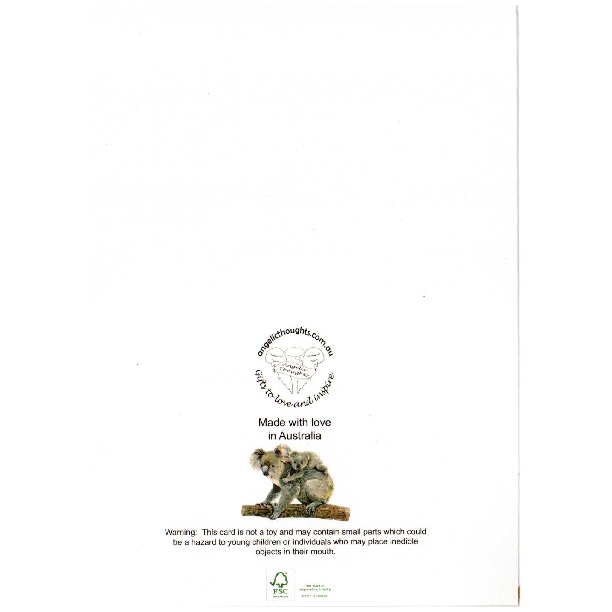   The Angelic Thoughts Company logo, the words &quot;Made with love in Australia&quot; and a choking warning are on the left hand side along with the Responsible Forestry Logo. 