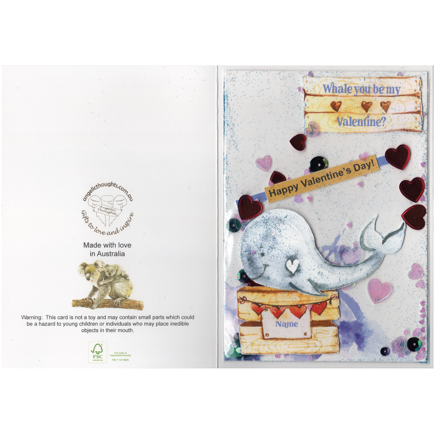 Whale you be my valentine card only - Featuring raised cut out whale on wooden box with customisable recipients name  on front and Angelic Thoughts logo etc on the back