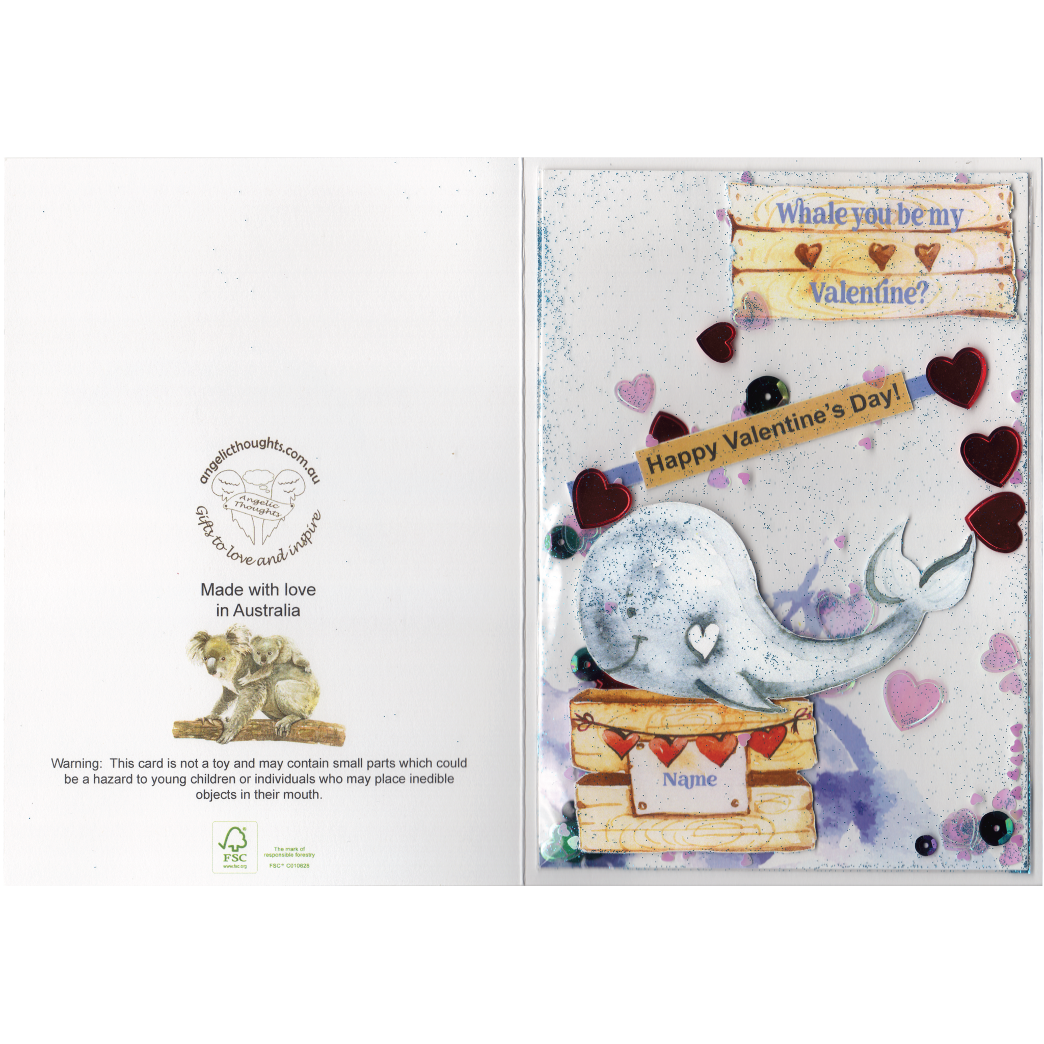 Whale you be my valentine card only - Featuring raised cut out whale on wooden box with customisable recipients name  on front and Angelic Thoughts logo etc on the back