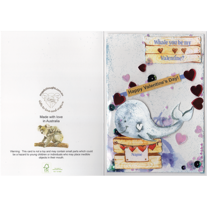 Whale you be my valentine card only - Featuring raised cut out whale on wooden box with customisable recipients name  on front and Angelic Thoughts logo etc on the back