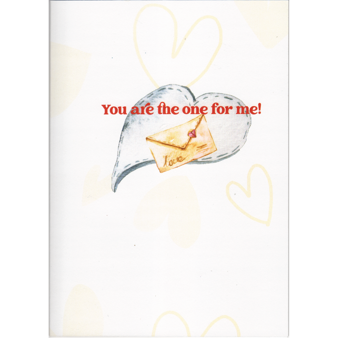 There is a light brown heart pattern paper with the words "You are the one for me!" an image of envelope featuring a heart and the word love in front of a heart.